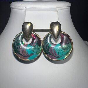 Vintage 80s Gold Tone and Enameled Door knocker Earrings
